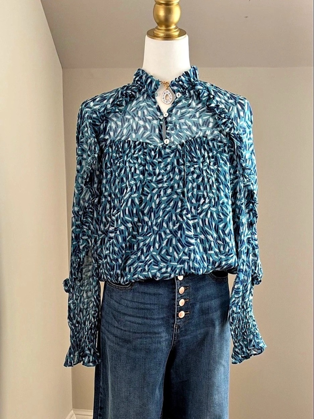 French Connection Blue Floral Ruffle Mock Neck Long Sleeve Blouse Blue & White